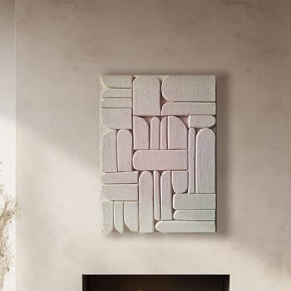 Fusion Géométrique: Tableau 3D Texturé - Art Mural Sculptural Contemporain, Beige et Blanc