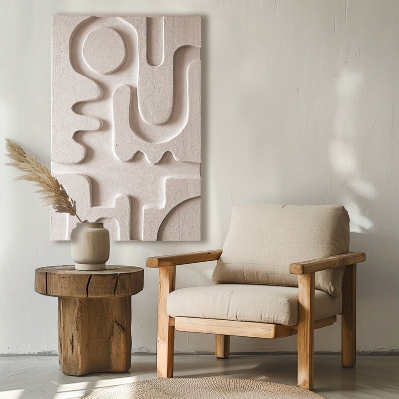 Image showcasing Unique Textured Relief Artwork - Sculptural Painting - Sandy White ...