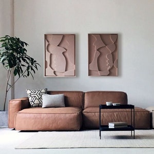 Ensemble de deux tableaux modernes en 3D : Art mural en relief unique, Plâtre sculptural, Décoration murale rose pêche - Cadeau artisanal