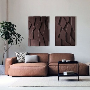Ensemble de Deux Tableaux Modernes en 3D : Art Mural en Relief Unique, Plâtre Sculpté, Décoration Murale Brun Foncé - Cadeau de Pendaison