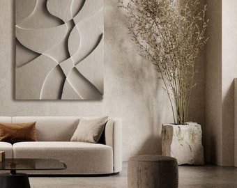 May include: A neutral-toned abstract wall art piece with a textured surface. The artwork features a series of curved lines and shapes that intersect, creating a sense of depth and dimension. The piece is displayed in a modern living room setting.