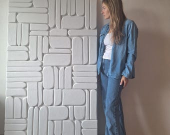 Unique Textured 3D Geometric Art - Sculptural Wall Art - White Minimalist Artwork - Wall Decoration - Dimensional Panel - Wall Sculpture