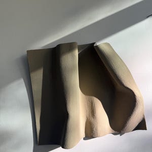 Puede incluir: Una escultura abstracta beige con una superficie texturizada. La obra de arte tiene una forma plegada en forma de ola, proyectando sombras sobre una pared blanca. La pieza está iluminada por luz natural, resaltando sus curvas y contornos.