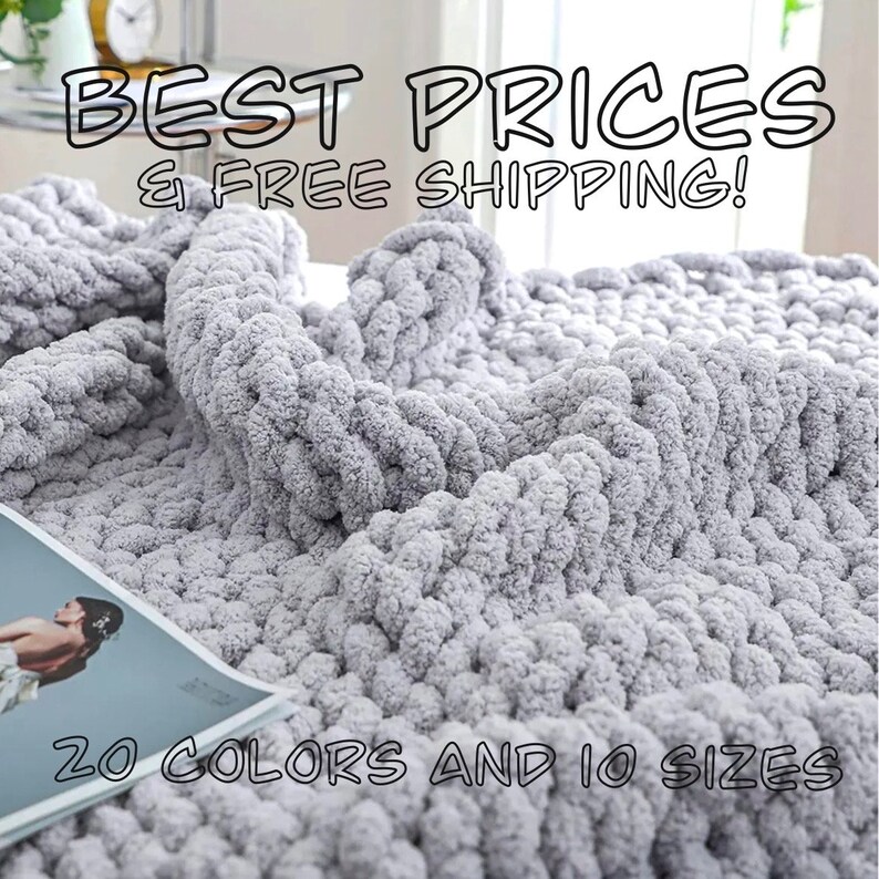 Hand Knit Chunky Chenille Throw Blanket With 20 Colors and 10 Sizes