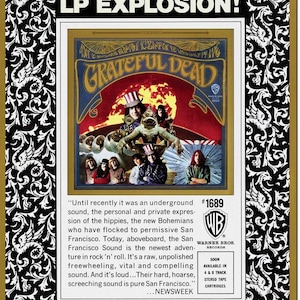 May include: A vintage record album cover featuring a psychedelic image of the band Grateful Dead. The album cover is red, orange, and yellow with a band member wearing a red, white, and blue hat. The album title "Grateful Dead" is printed in white letters on a red background. The album is labeled as "#1689" and "Warner Bros. Records".