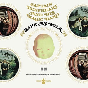 Könnte beinhalten: Ein Vintage-Schallplattencover von Captain Beefheart and His Magic Band. Der Albumtitel lautet "Safe as Milk" und das Cover zeigt im Zentrum ein Babygesicht, umgeben von vier kreisförmigen Bildern der Bandmitglieder.