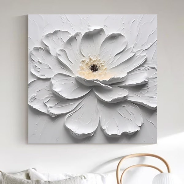 100% handmade, large white flower texture 3D art palette knife, simple heavy texture acrylic painting home living room decoration