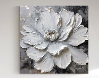 Grande peinture à l'huile sur toile de fleurs abstraites, peinture de fleurs dorées, peinture de fleurs 3D blanches, art floral texturé épais, décoration murale florale