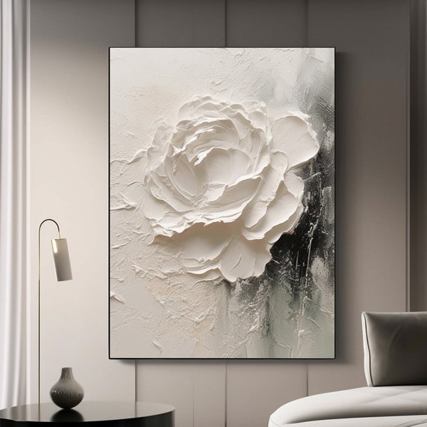 Peinture acrylique texturée 3D, grande fleur blanche abstraite, peinture à l'huile sur toile, peinture acrylique texturée épaisse, décoration de salon, oeuvre d'art murale