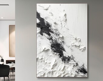 Abstract black and white thick textured oil painting, 3D black and white wall art, large textured abstract painting, home decoration