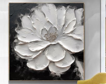 Pittura a olio su tela con fiori 3D, fiori bianchi e neri a trama spessa, pittura acrilica a trama spessa decorazione per la casa con fiori in fiore