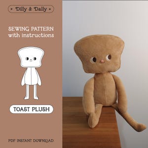 May include: A plush toy shaped like a slice of toast with a smiling face, sitting on a wooden surface. The toy is light brown with a darker brown outline. The image also includes text that says "Dilly & Dally", "Sewing Pattern with instructions", and "Toast Plush".
