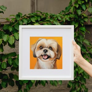 May include: A square white picture frame containing a detailed illustration of a tan and white Shih Tzu dog with large brown eyes and an open mouth showing its tongue, set against a solid, vibrant orange background.