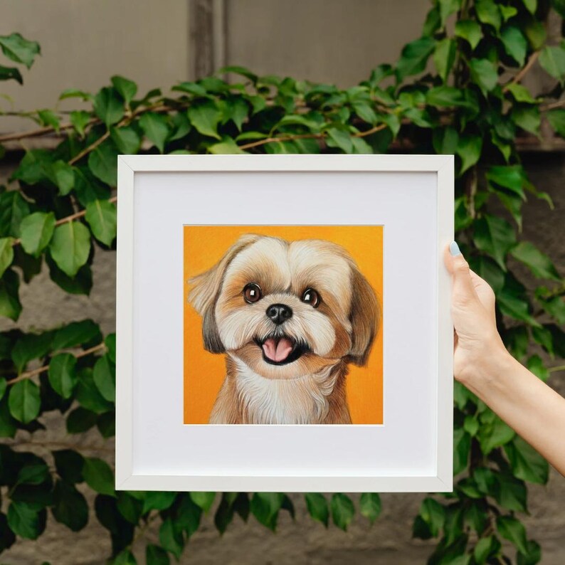 May include: A square white picture frame containing a detailed illustration of a tan and white Shih Tzu dog with large brown eyes and an open mouth showing its tongue, set against a solid, vibrant orange background.