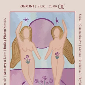 Tarjetas del horóscopo del signo del zodíaco / Géminis / Tarjetas de regalo / Luna y astrología / Láminas artísticas / Espiritualidad
