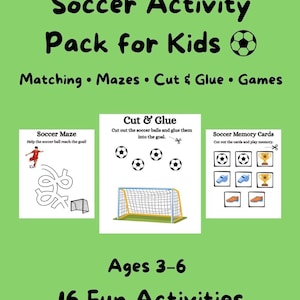 Könnte beinhalten: Ein grünes digitales Aktivitätspaket für Kinder mit dem Titel Soccer Activity Pack for Kids, das 16 unterhaltsame Aktivitäten wie Zuordnungsspiele, Labyrinthe, Ausschneide- und Klebeaufgaben sowie Spiele für Kinder im Alter von 3 bis 6 Jahren enthält.