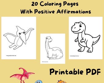 Dinosaur Coloring Book for Kids | 20 Printable Coloring Pages with Positive Affirmations | Preschool PDF