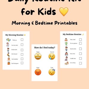 Könnte beinhalten: Pfirsichfarbener Druck mit "Daily Routine Kit for Kids" und "Morning & Bedtime Printables". Enthält Morgen- und Abendroutine-Diagramme und ein "How do I feel today?" Diagramm mit Emoji-Gesichtern. "Visual Routine Charts" steht unten.