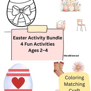 Könnte beinhalten: Ein Oster-Aktivitätenpaket für Kinder im Alter von 2-4 Jahren, mit Mal-, Zuordnungs- und Bastelspielen. Das Bild zeigt Ostereier, ein Kaninchen und den Text "Easter Activity Bundle 4 Fun Activities Ages 2-4".
