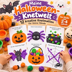 Puede incluir: Un conjunto de 12 tapetes de plastilina con temática de Halloween titulados Meine Halloween-Knetwelt, que presentan ilustraciones de calabaza, araña, caldero, murciélago, cubo de dulces y telaraña para completar con figuras.