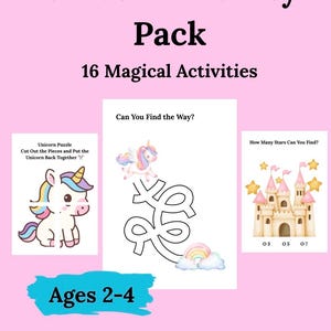 Könnte beinhalten: Ein rosa Einhorn-Aktivitätspaket mit 16 magischen Aktivitäten für 2-4-Jährige. Das druckbare PDF enthält drei Arbeitsblätter: ein Einhorn-Puzzle, ein Labyrinth mit Einhorn und Regenbogen sowie ein Schloss-Zählspiel mit Sternen.