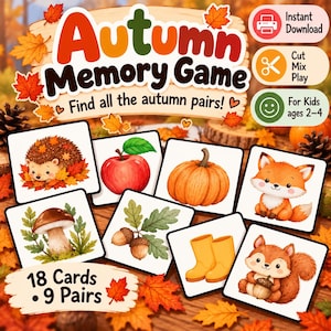 Könnte beinhalten: Ein herbstliches Memory-Spiel-Set mit 18 Karten und 9 Paaren. Die Karten zeigen Illustrationen von einem Igel, Apfel, Kürbis, Fuchs, Pilz, Eicheln, gelben Stiefeln und einem Eichhörnchen. Der Text lautet Autumn Memory Game, Find all the autumn pairs!, 18 Cards, 9 Pairs, Instant Download, Cut Mix Play und For Kids ages 2-4.