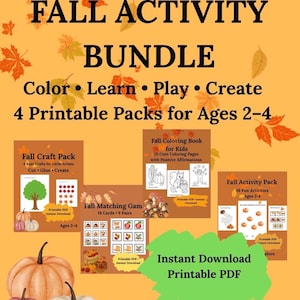 Könnte beinhalten: Ein Herbst-Aktivitätenpaket mit vier druckbaren Sets für Kinder im Alter von 2-4 Jahren, bestehend aus Bastelvorlagen, einem Zuordnungsspiel, einem Malbuch und einem Aktivitätenpaket. Oranger Hintergrund mit Herbstblättern und drei Kürbissen.
