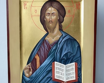 Handgeschilderd icoon Jezus Christus Pantocrator: orthodox icoon, Byzantijnse stijl, eitempera, bladgoud