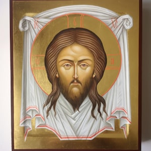 Icon of Jesus Christ Not-Made-By-Hands. Hand-painted icon Lord egg tempera on gold leaf. Orthodox wonderworking icon.