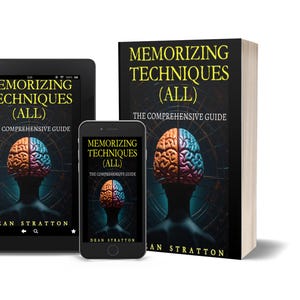 Op de afbeelding: Een boek, tablet en smartphone met de cover van "Memorizing Techniques (ALL)". De cover toont een gestileerde hersenillustratie in oranje, blauw en paars. De naam van de auteur, Dean Stratton, is ook zichtbaar.