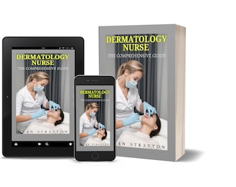 May include: An image of a book, tablet, and smartphone displaying the cover of "Dermatology Nurse: The Comprehensive Guide." The cover features a medical professional wearing a mask and gloves, performing a procedure on a patient. The author's name is Jean Stratton.