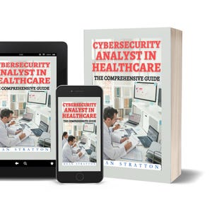May include: An image featuring a book, tablet, and smartphone, all displaying the cover of "Cybersecurity Analyst in Healthcare: The Comprehensive Guide" by Dean Stratton. The book is upright, while the tablet and phone show the cover image.