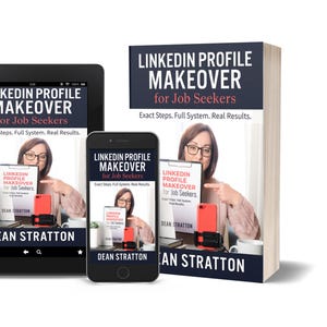Puede incluir: Imagen de un libro, una tableta y un smartphone que muestran la portada de "LinkedIn Profile Makeover for Job Seekers". El libro y los dispositivos muestran la misma imagen de una mujer señalando un teléfono rojo. El texto dice "Exact Steps. Full System. Real Results."
