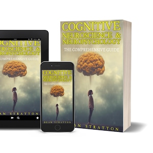May include: An image of a book, tablet, and smartphone displaying the cover of "Cognitive Neuroscience & Neuropsychology: The Comprehensive Guide." The cover art features a person looking up at a brain-shaped cloud.