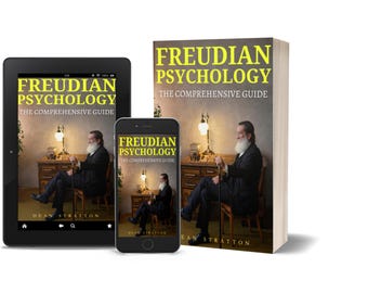 May include: An image featuring a book, tablet, and smartphone, all displaying the title "Freudian Psychology: The Comprehensive Guide." The book cover and digital screens show a man seated in a room. The author's name, Dean Stratton, is visible.