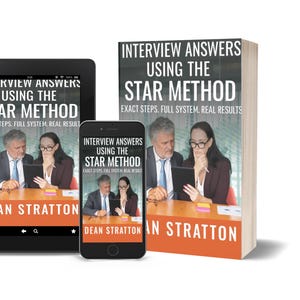Könnte beinhalten: Ein Bild, das ein Buch, ein Tablet und ein Smartphone zeigt, die alle das Cover von "Interview Answers Using The STAR Method" anzeigen. Das Buch steht aufrecht, während das Tablet und das Telefon das Cover-Bild zeigen. Das Cover des Buches zeigt zwei Personen und den Namen des Autors.
