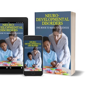 Könnte beinhalten: Ein Bild von einem Buch, Tablet und Smartphone, die das Cover von "Neuro-Developmental Disorders: One Book to Make You Genius" zeigen. Das Cover zeigt eine Frau und einen jungen Mann. Die Geräte zeigen dasselbe Bild.