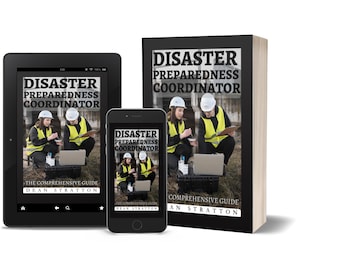 May include: An image featuring a tablet, smartphone, and book, all displaying the cover of "Disaster Preparedness Coordinator." The book and devices show a photo of two people in safety vests and hard hats. The book's title is in large, bold letters.