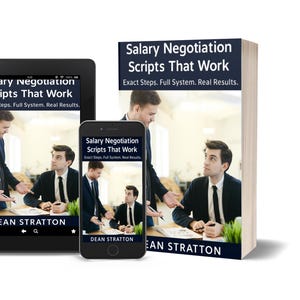 Peut inclure: Image d'un livre et d'appareils numériques affichant le titre "Salary Negotiation Scripts That Work". Le livre et les appareils montrent une scène d'affaires avec deux hommes en costume. Le nom de l'auteur, Dean Stratton, est visible.