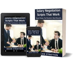 May include: Image of a book and digital devices displaying the title "Salary Negotiation Scripts That Work." The book and devices show a business setting with two men in suits. The author's name, Dean Stratton, is visible.