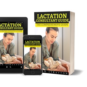 Puede incluir: Un libro, una tableta y un smartphone muestran la portada de "Lactation Consultant Guide, The Comprehensive Guide". La portada del libro presenta a una mujer sosteniendo a un bebé. El título está en letras amarillas en negrita sobre un fondo negro.