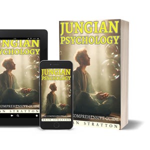 May include: An image of a book, tablet, and smartphone displaying the cover of "Jungian Psychology: The Comprehensive Guide" by Dean Stratton. The cover art features a person meditating with bubbles in the background.