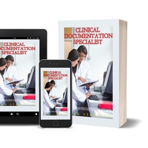 以下が含まれることがあります： 「Clinical Documentation Specialist」の表紙が表示された本、タブレット、スマートフォンの画像。本は縦向きで、タブレットとスマートフォンは同じ画像を表示しています。表紙には、白衣を着た2人が書類を見ている様子が描かれています。