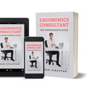 Pode incluir: Imagem de um livro, tablet e smartphone exibindo a capa de "Ergonomics Consultant: The Comprehensive Guide". O livro e os dispositivos mostram um homem em uma mesa com um laptop. O nome do autor, Dean Stratton, é visível.