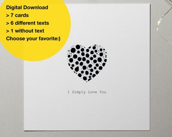 Minimalistic Valentine's Day printable card, Happy Valentine's Day, Black heart valentines card, 7 square cards, card for him, Message card