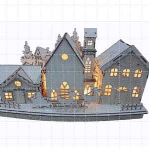 Décorations de nuit de Noël découpées au laser Plan de maison en bois 3D, ville de Noël Fichiers découpés au laser Maison du père Noël, ville de Noël des bois d'hiver