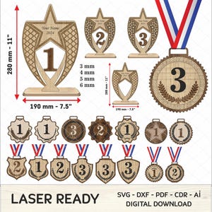 Elegantes Trophäen-Set für Platzverleihungen, anpassbare Auszeichnungs-Laserschnittdateien, Medaillenform-Schneideform, Medaillen-Laser, Holzmedaillen-Designs