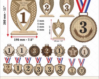 Elegant Trophy Set for Place Awards, Customizable Award Laser Cut Files, Medal Shape Cutting Mold, Medal Laser, Wooden Medal Designs