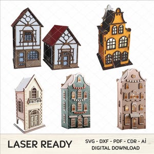 6 Amsterdam Häuser 3D Laser Cut Dateien, DXF Modell für Cnc Projekt lustige Kinder Bundle, Schneidemaschine Dateien, Miniatur Glowforge SVG