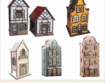 6 Amsterdam Houses 3D Laser Cut Files DXF Model for Plasma DIY cnc Project Funny Kids Bundle, cutting machine files,Miniature Glowforge SVG